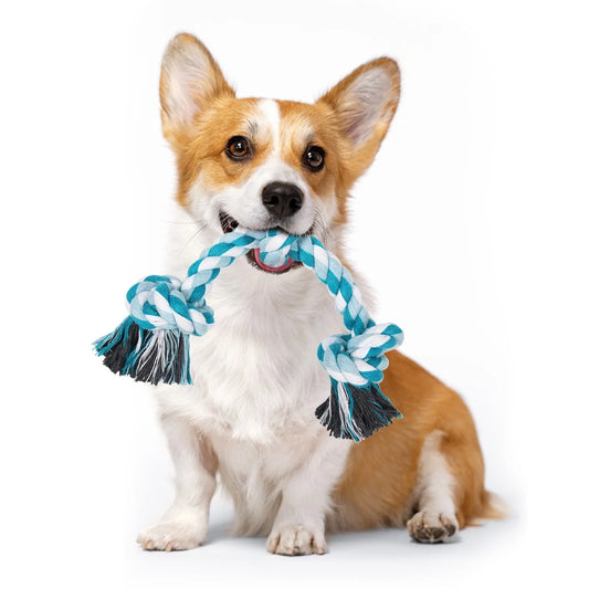 Durable Braided Cotton Dog Rope Toy with 3 Knots - Ideal for Chewing and Dental Care (Blue) - Perfect Gift for Pets