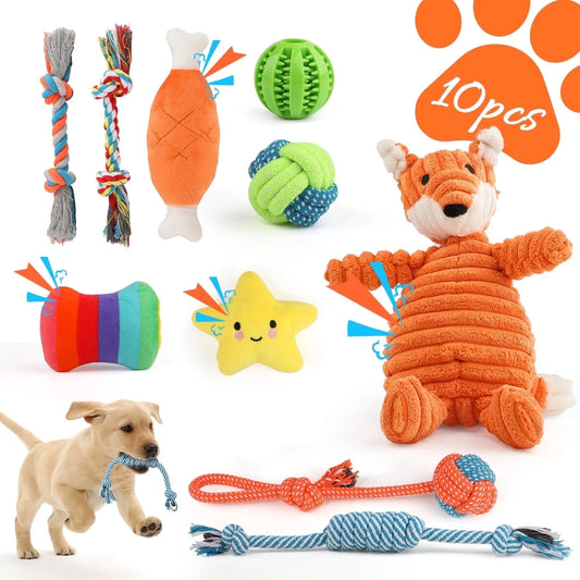 Small Dog Toy Set: 10 Pack of Chew Toys for Teething and Training, Including Plush Squeaky Toys, Treat Ball, and Rope Toys for Engaging Playtime